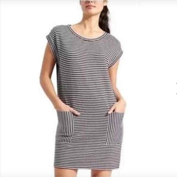 Athleta Ease Up Gray Black Stripe Sleeveless Dress, Small - Picture 11 of 12